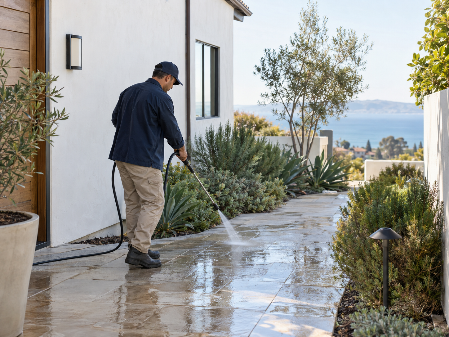 A LumaSquad professional carefully rinsing a stone walkway